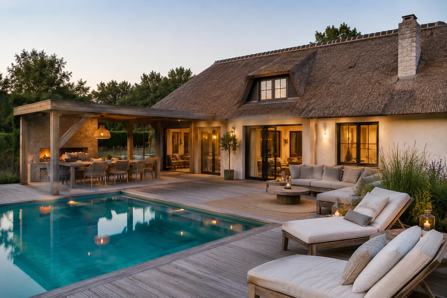 Gezin geniet van vakantie bij zwembad van luxe vakantiehuis in Europa